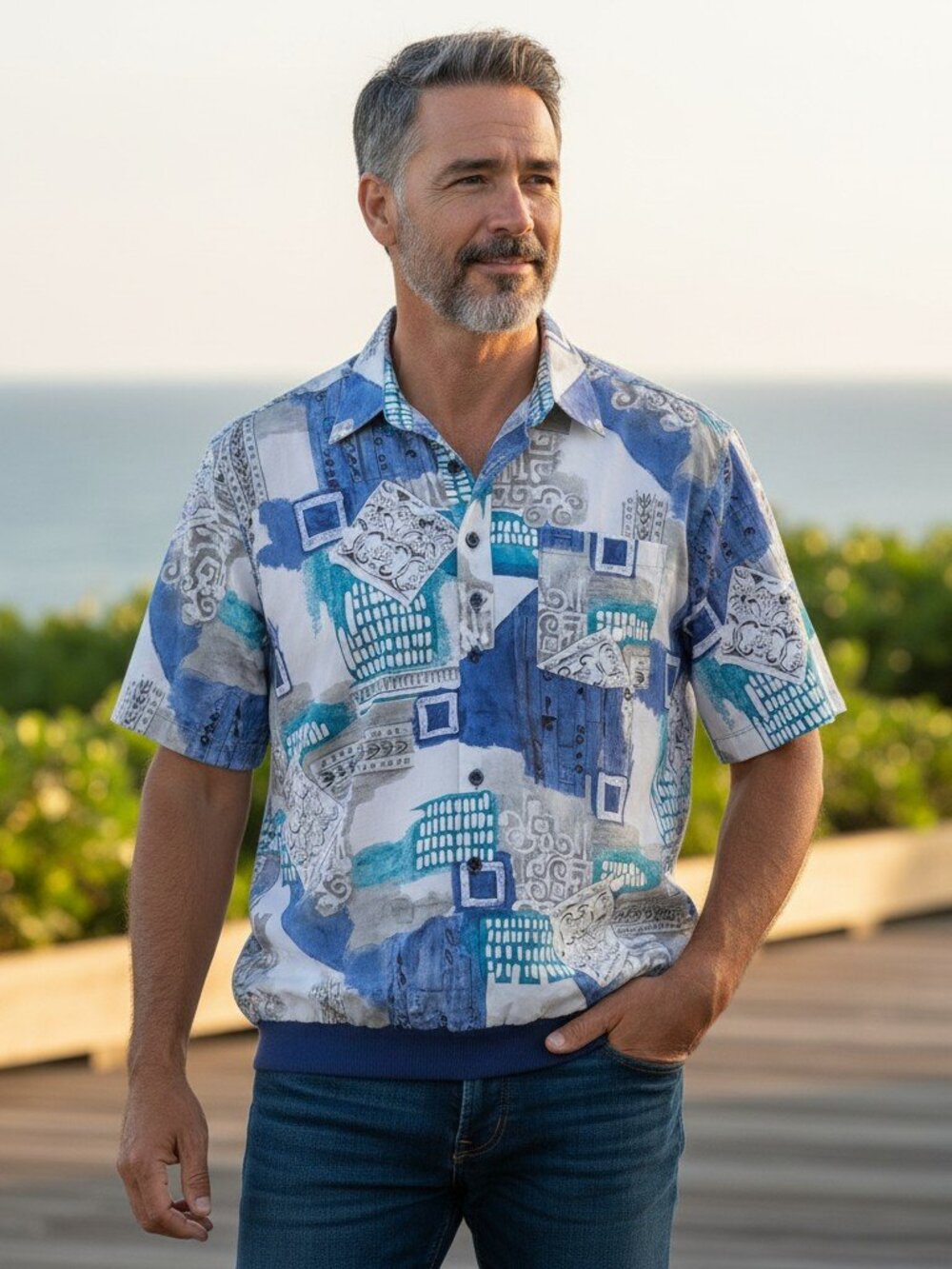 1980's Dad Pullover Shirt Size XL Ribbed Hem Pocket Polyester Cruise Theme Night
